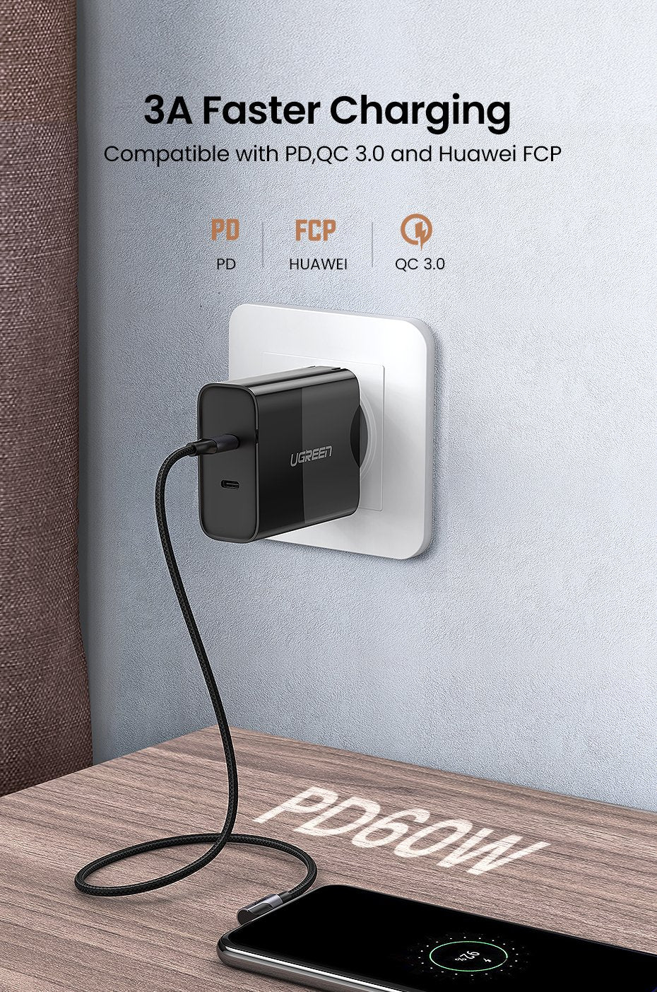UGREEN PD 60W Fast Quick 4.0 Charger for Macbook Pro Air Samsung USB-C Cable