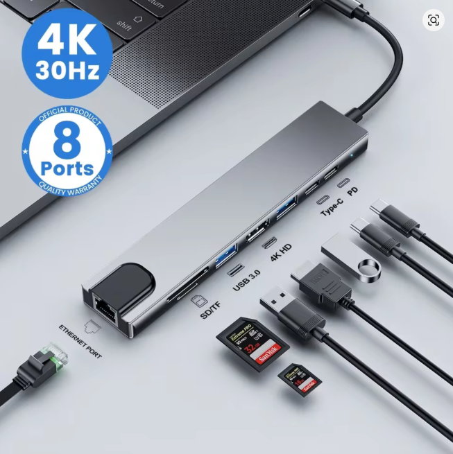 USB-C 8 Port Hub |  HDMI 4K, PD100W, 1Gbps RJ45, SD/TF Reader, USB-C 3.1, USB 3.0, USB 2.0