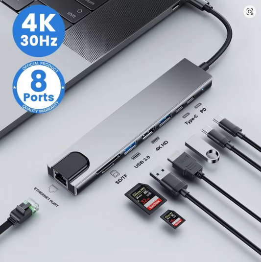 USB-C 8 Port Hub |  HDMI 4K, PD100W, 1Gbps RJ45, SD/TF Reader, USB-C 3.1, USB 3.0, USB 2.0