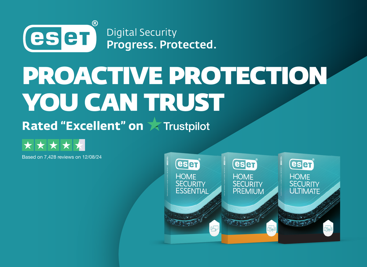 ESET Trustpilot promotional artwork, based on 7,428 reviews dated 12 August 2024