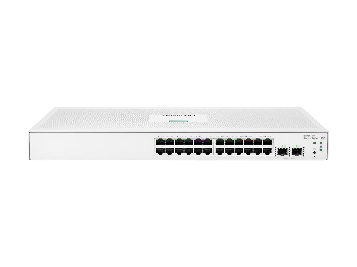 HPE Networking Instant On 1830 JL812A#ACC non-PoE switch, front view showing 24 Gigabit ports and two SFP uplinks