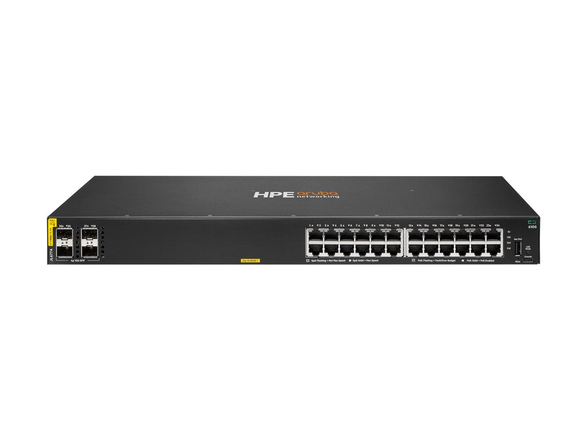 HPE Aruba Networking CX 6100 24G Class4 PoE 4SFP+ 370W Switch — front view