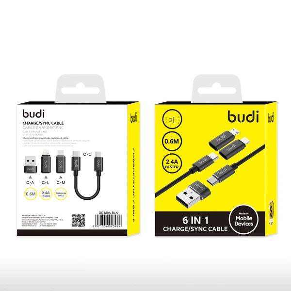 Budi 6 in 1 Charge/Sync Cable 2.4A / 0.6M Black | DC180A-BLK