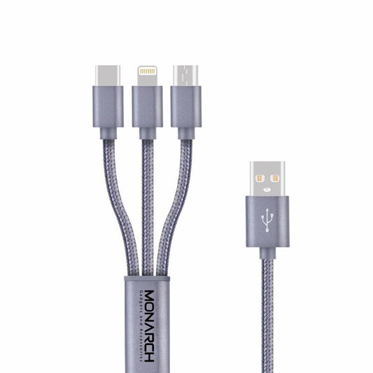 Monarch Trio 3in1 USB Fast Charging Cable - Grey | 1.1 Metres