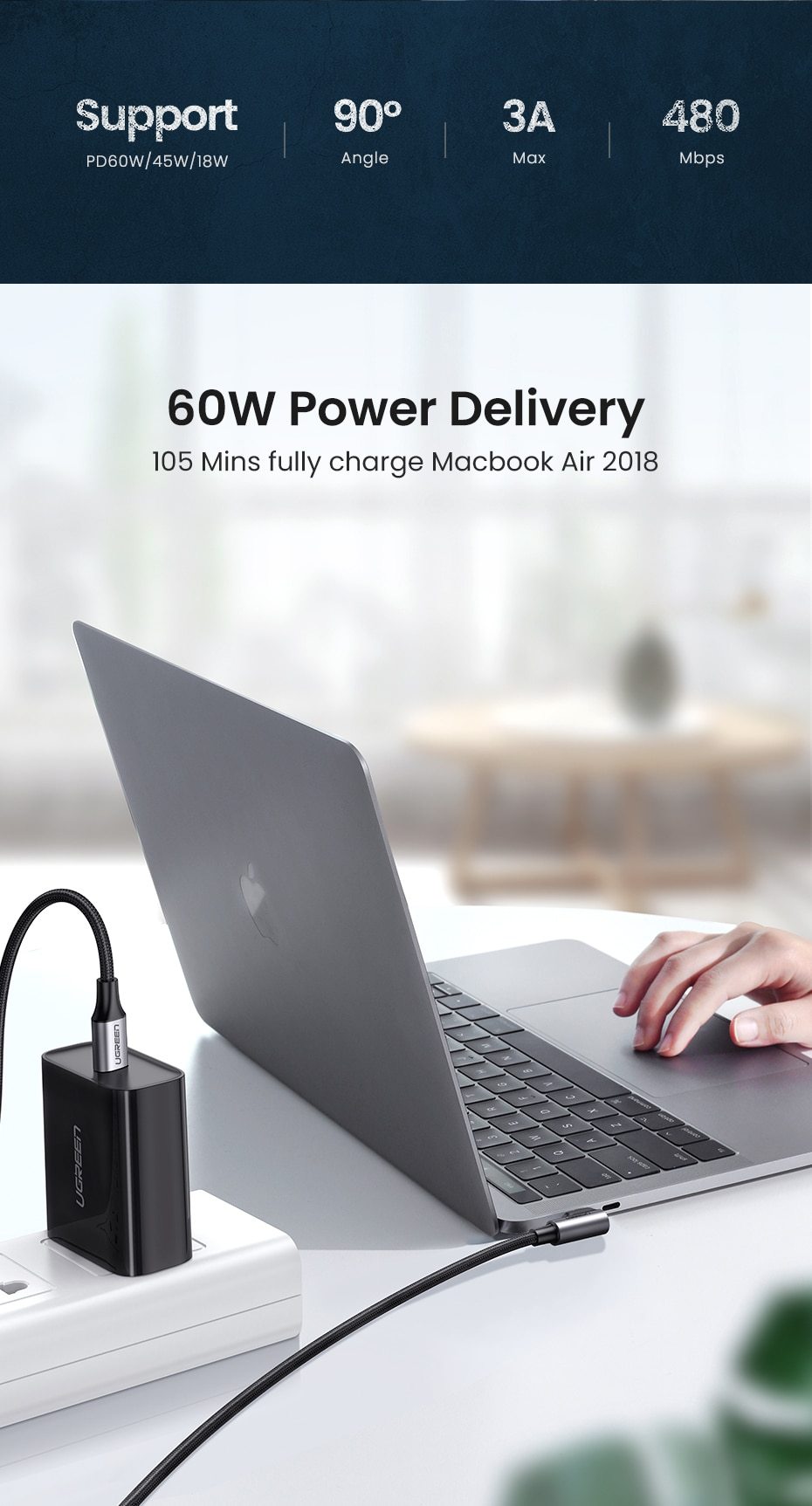 UGREEN PD 60W Fast Quick 4.0 Charger for Macbook Pro Air Samsung USB-C Cable